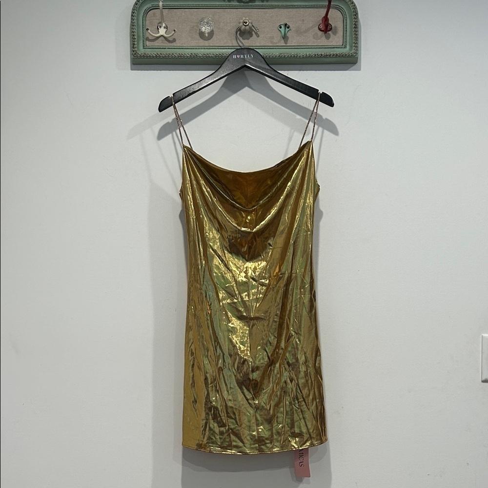 MICAS Cowlneck Gold Mini Slip Dress women’s size large new w tags